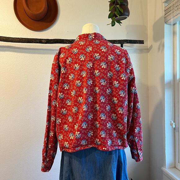 Vintage 90s Liz Claiborne Red Cotton Floral Button Front Shacket Size Large - Picture 5 of 9